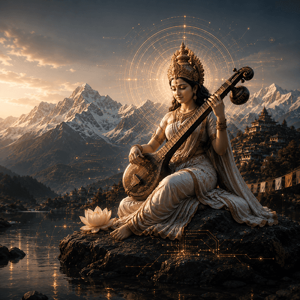 Goddess Saraswati seated with a veena amidst the Himalayas